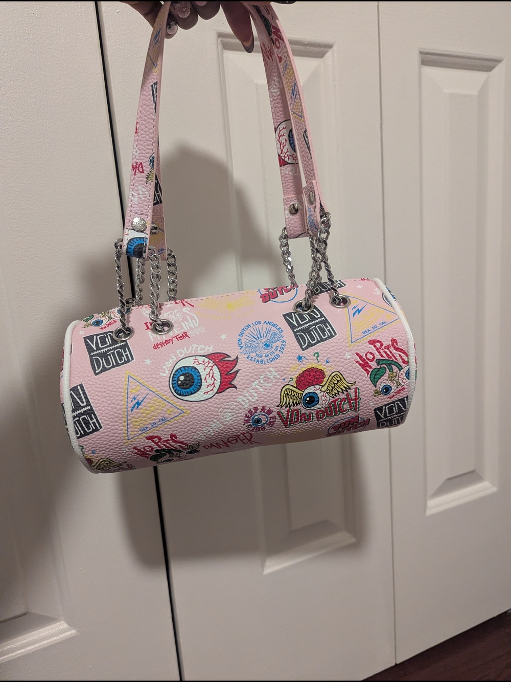 Von Dutch Pink Graphic Barrel Bag